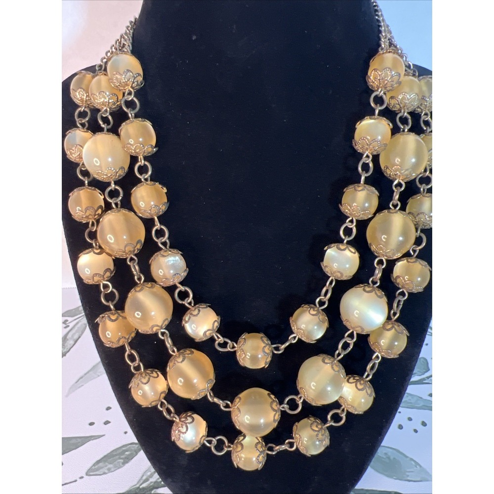 Vintage Butterscotch Lucite Beaded Necklace Multi Strand Filigree Caps Bib 1950s - Picture 2 of 8